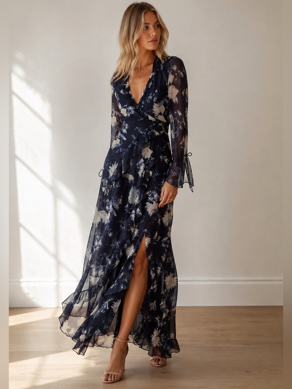 Abercrombie & Fitch Navy Floral Ruffle Faux Wrap Maxi Dress XSP
